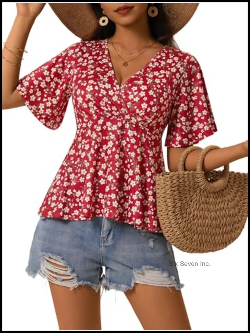 Women Ruffle Sleeve Peplum Blouse Wrap Deep V Neck Work Top